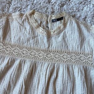 Zara Cream Romantic Lace Blouse Puff Sleeve Embroidered Size L